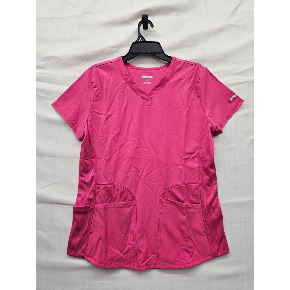 Grey's Anatomy Womens V-Neck Scrub Top Fuchsia Polyester Blend Casual Size Small